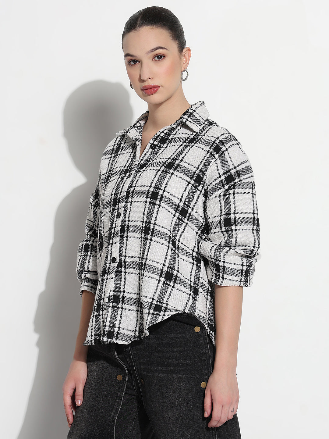 Women’s Checked White Oversized Button-Down Flannel Shirt