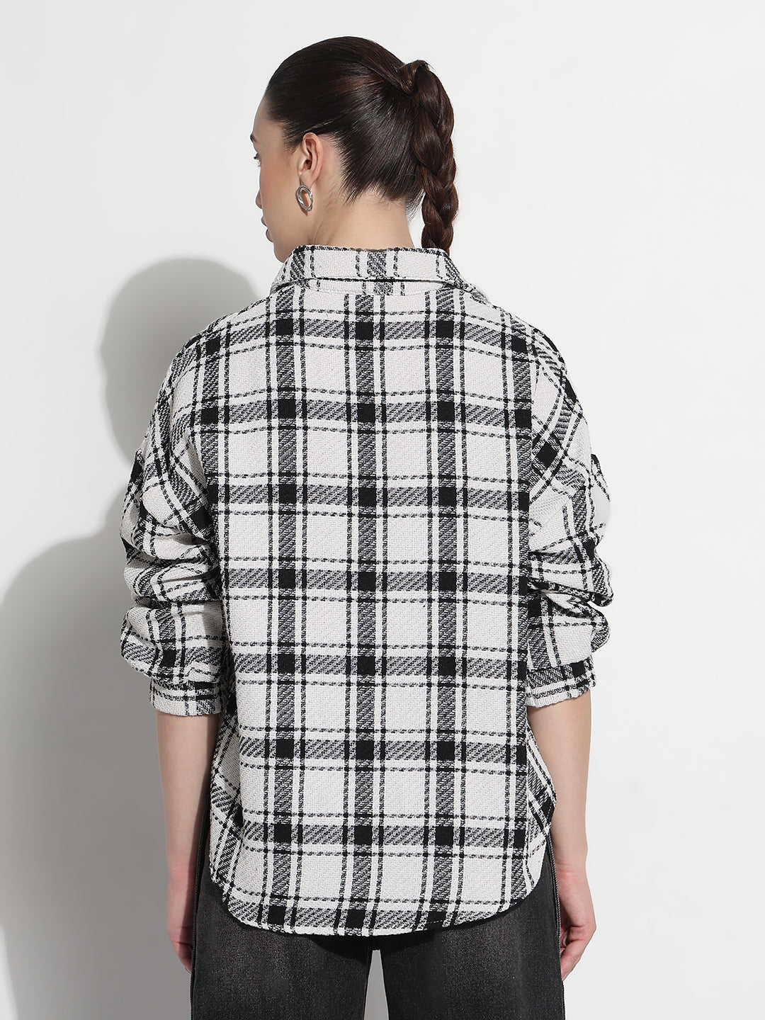 Women’s Checked White Oversized Button-Down Flannel Shirt