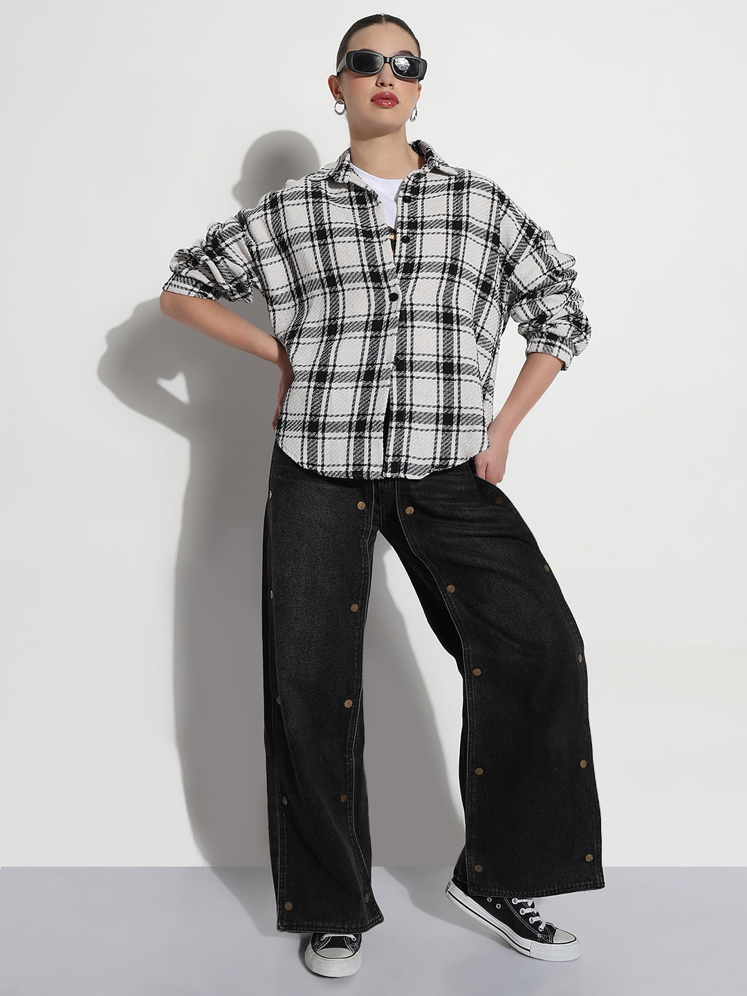 Women’s Checked White Oversized Button-Down Flannel Shirt