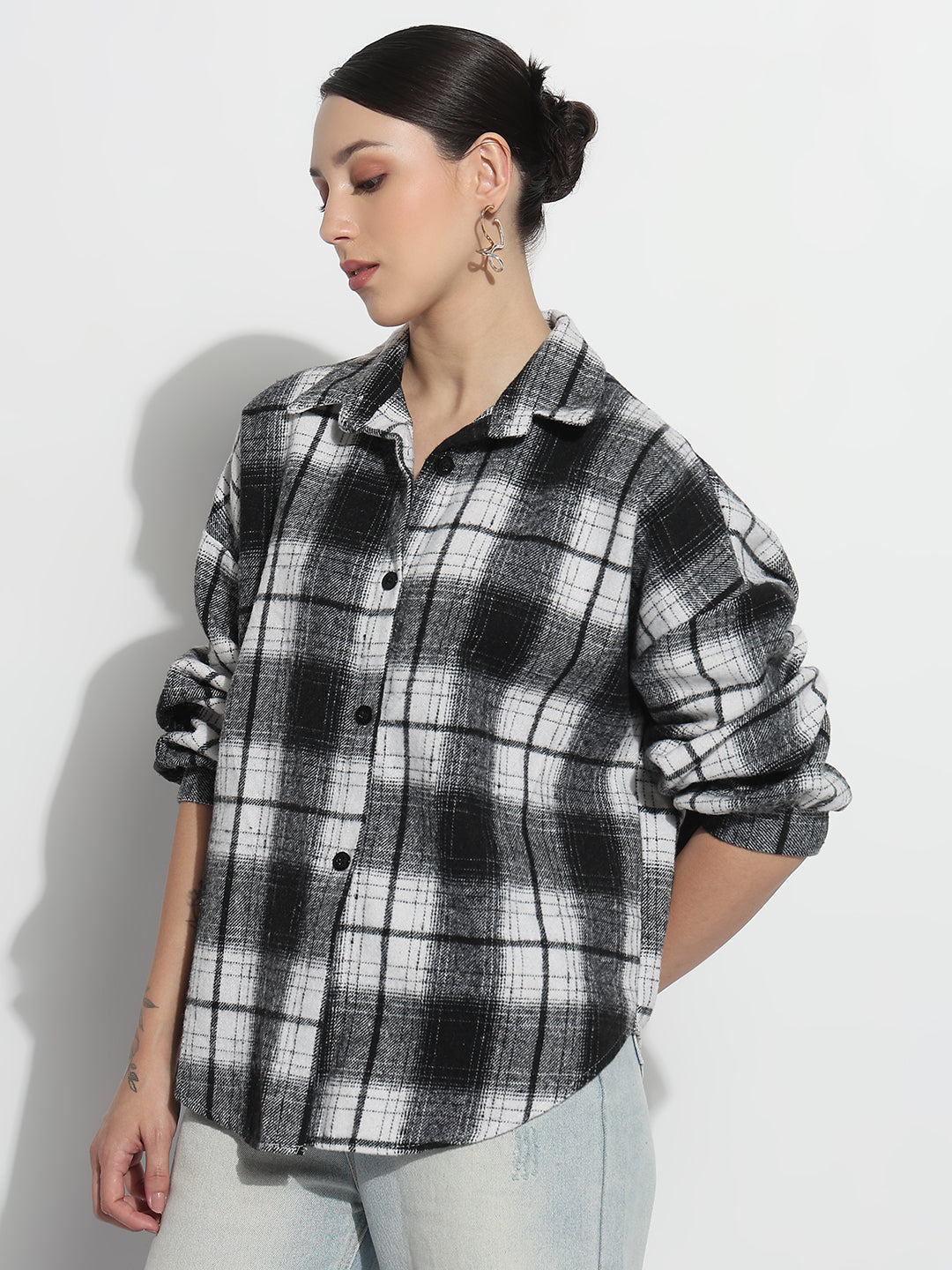 Women's Checked Black Oversized Button-Down Flannel Shirt