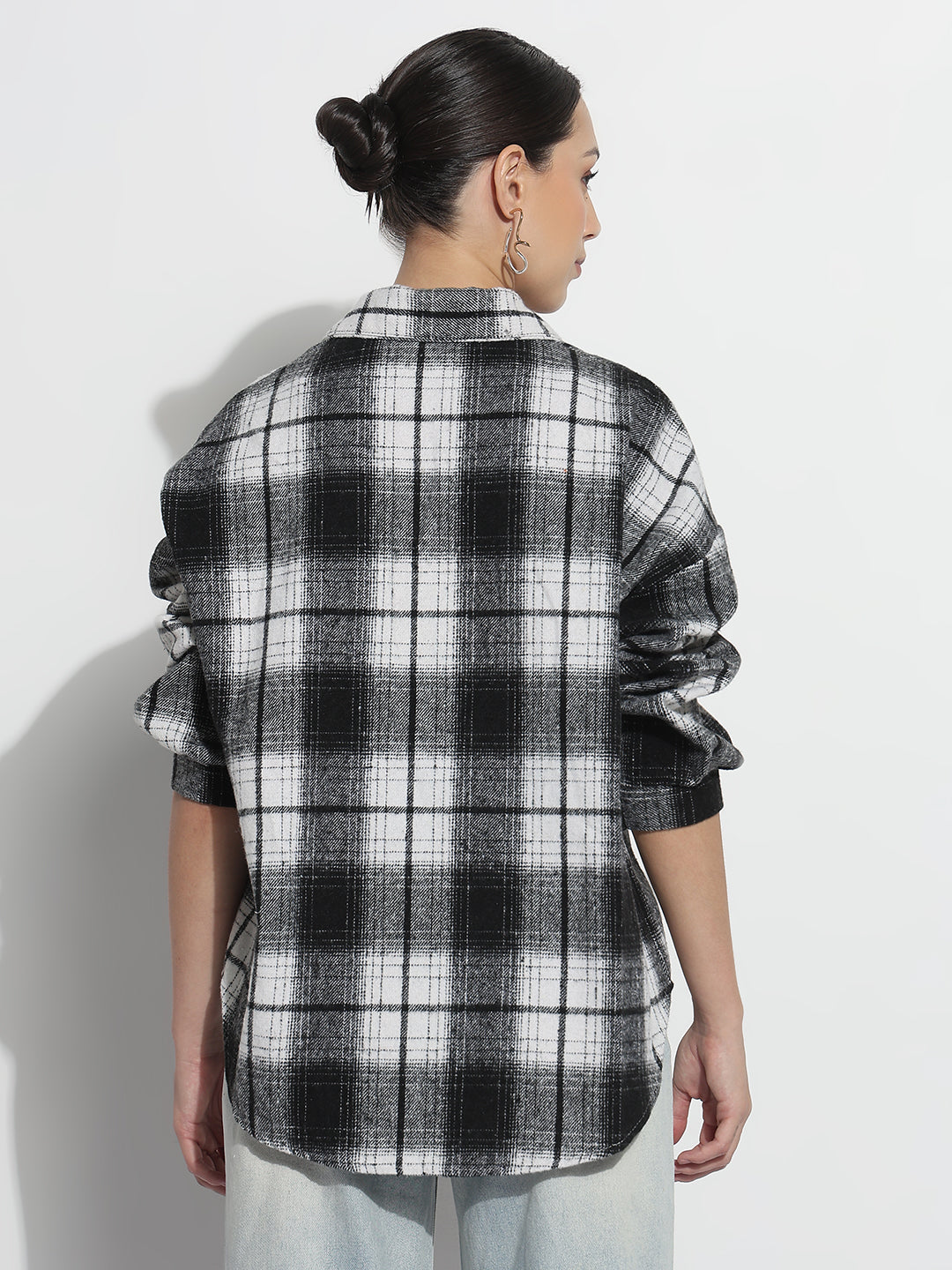 Women's Checked Black Oversized Button-Down Flannel Shirt