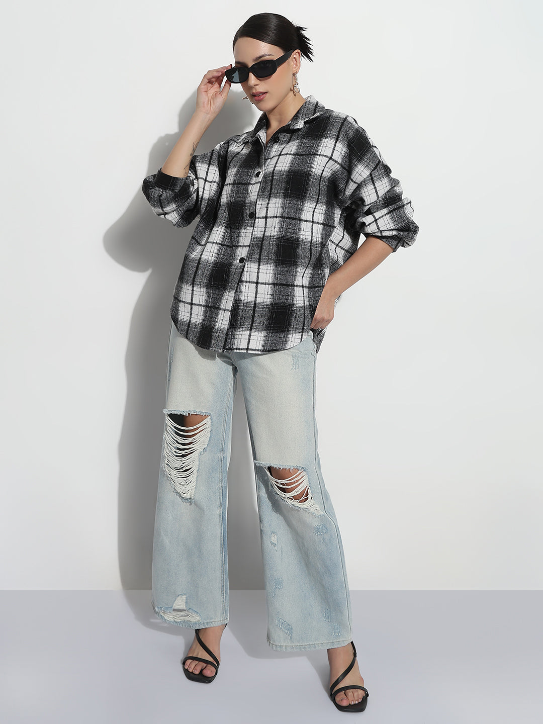 Women's Checked Black Oversized Button-Down Flannel Shirt