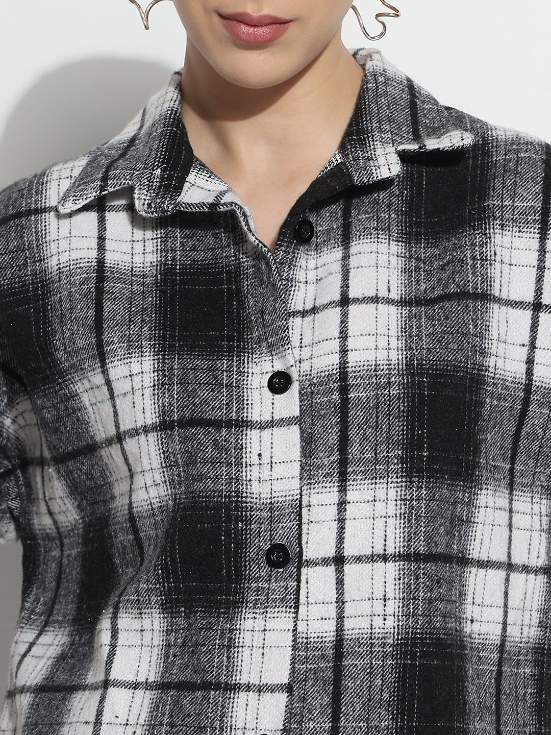 Women's Checked Black Oversized Button-Down Flannel Shirt