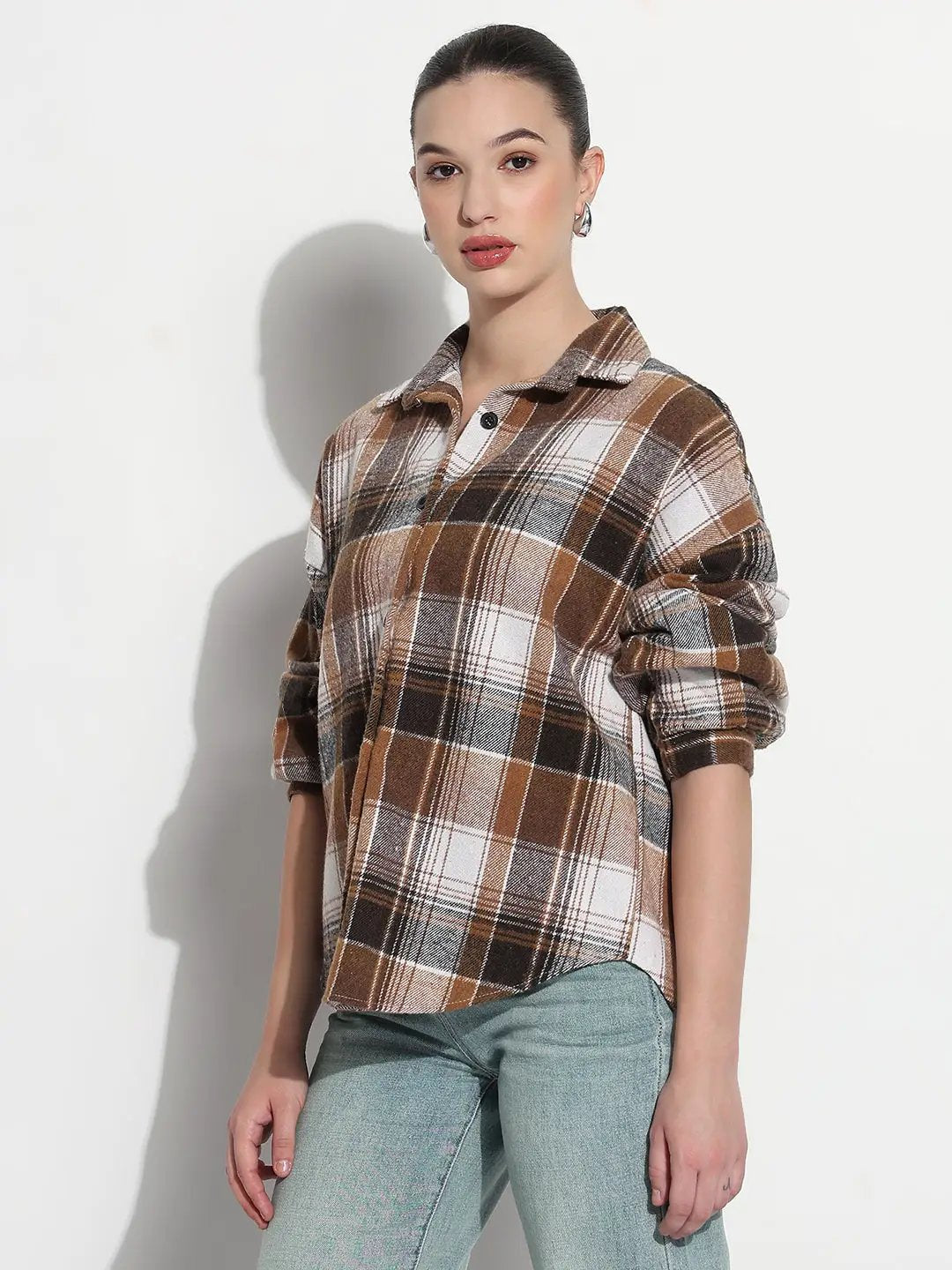 Women's Checked Brown Oversized Button-Down Flannel Shirt - from SHOWOFFFF
