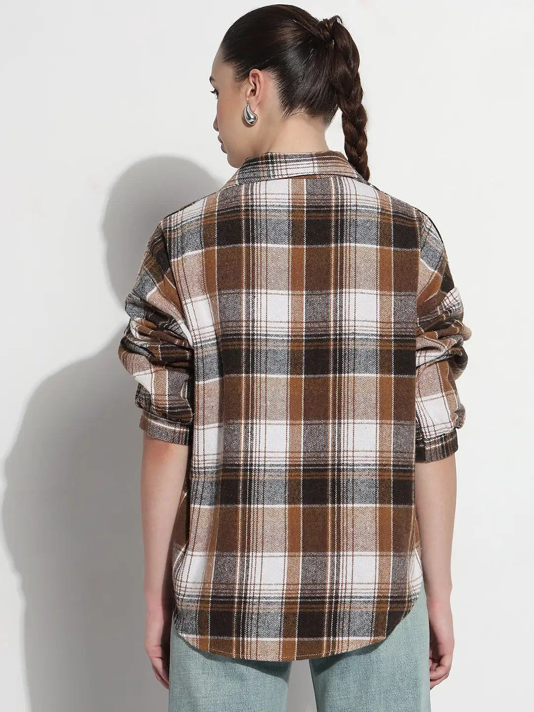 Women's Checked Brown Oversized Button-Down Flannel Shirt - from SHOWOFFFF