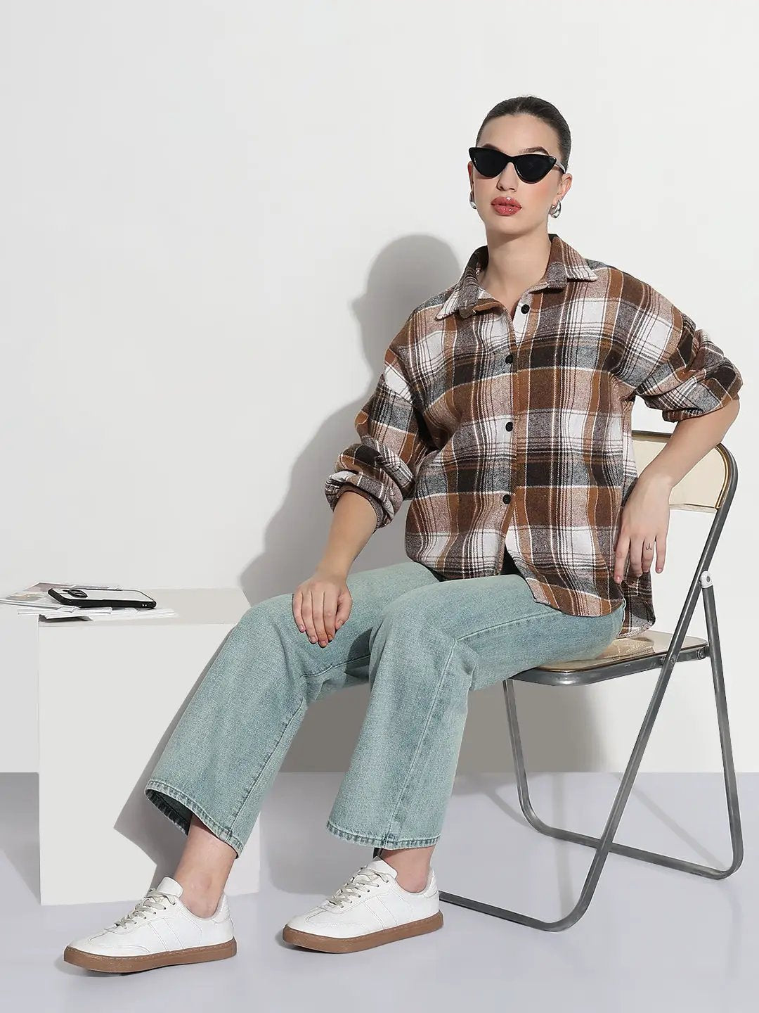 Women's Checked Brown Oversized Button-Down Flannel Shirt - from SHOWOFFFF