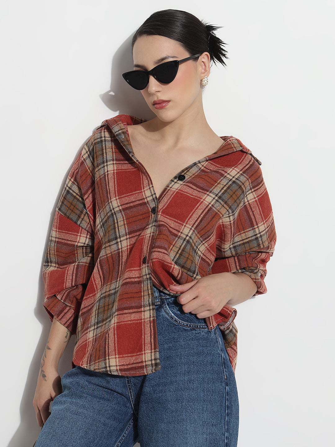 Women's Checked Red Oversized Button-Down Flannel Shirt