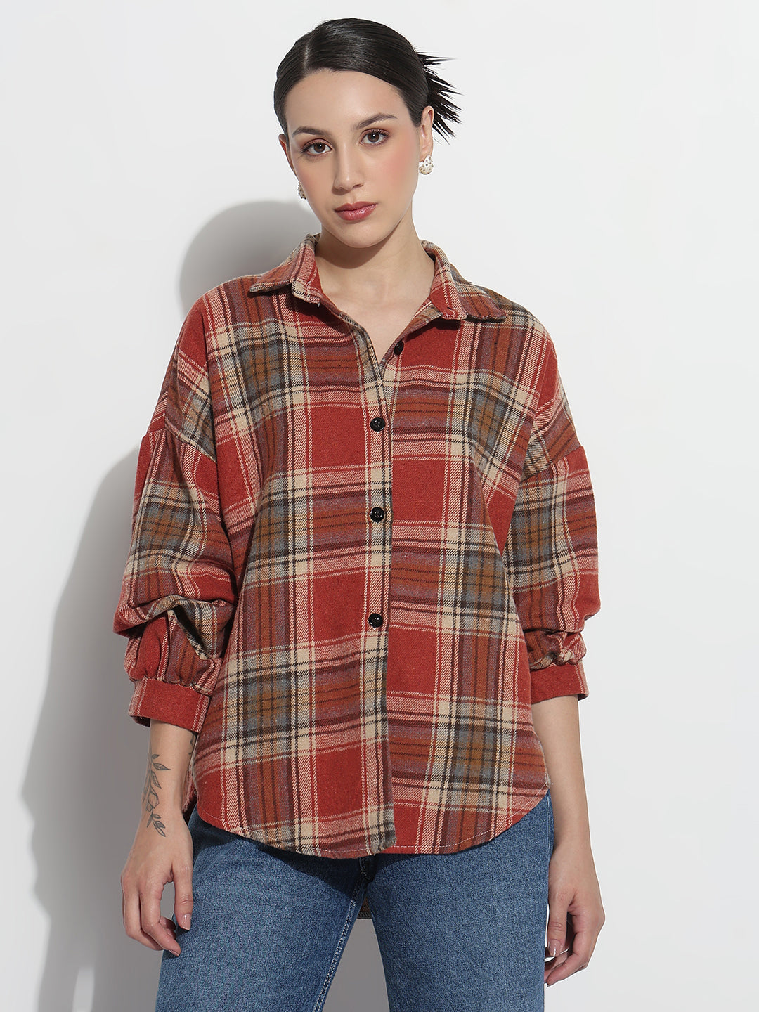 Women's Checked Red Oversized Button-Down Flannel Shirt