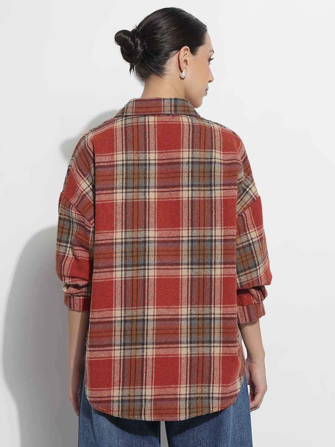 Women's Checked Red Oversized Button-Down Flannel Shirt