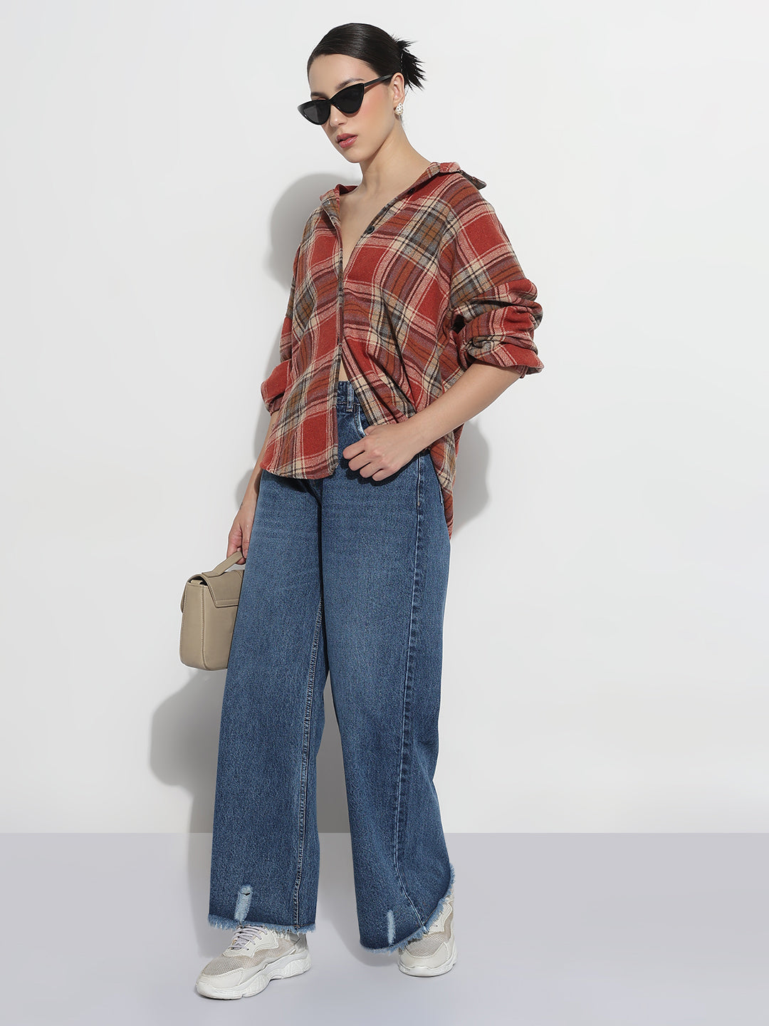 Women's Checked Red Oversized Button-Down Flannel Shirt