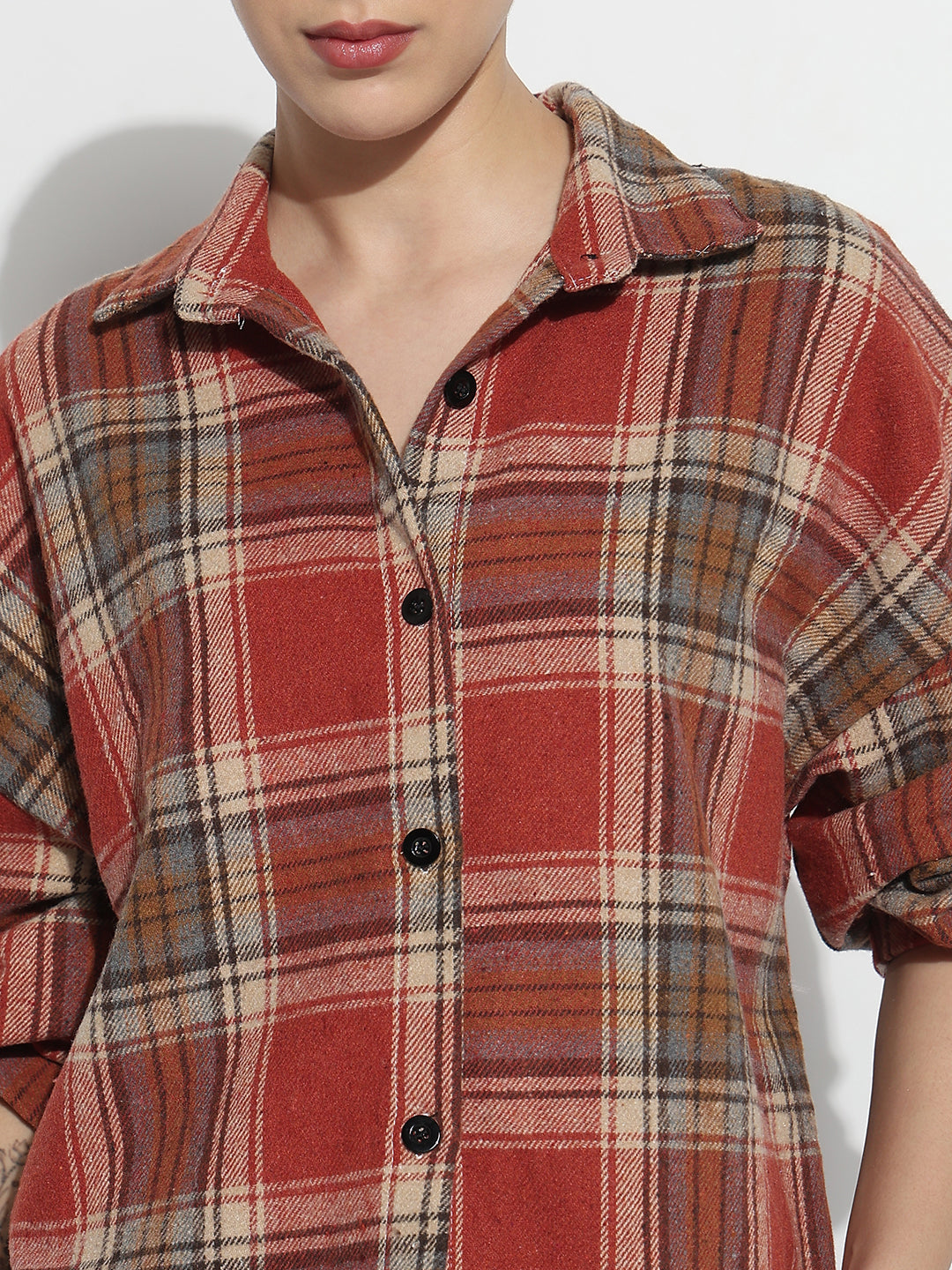 Women's Checked Red Oversized Button-Down Flannel Shirt