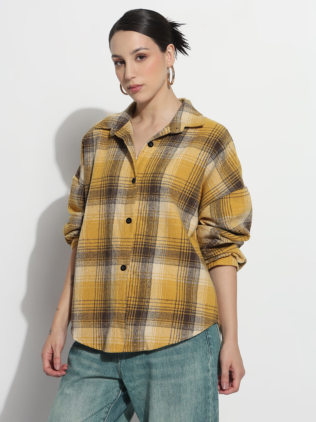 Women's Checked Yellow Oversized Button-Down Flannel Shirt