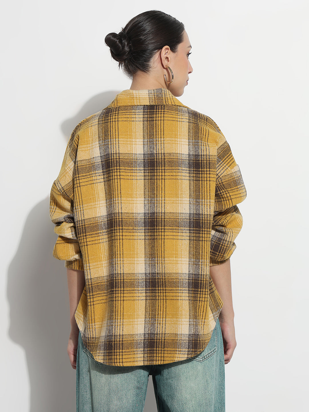 Women's Checked Yellow Oversized Button-Down Flannel Shirt