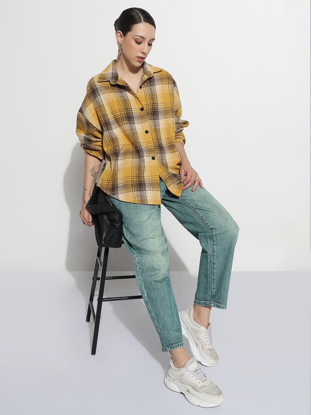 Women's Checked Yellow Oversized Button-Down Flannel Shirt