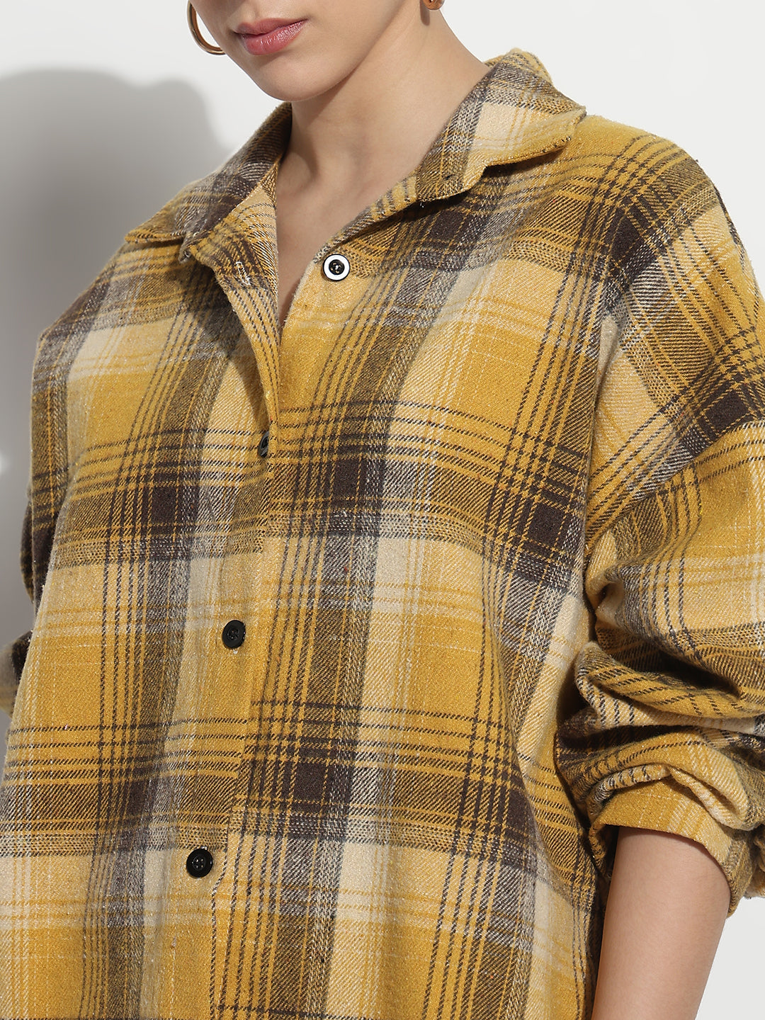 Women's Checked Yellow Oversized Button-Down Flannel Shirt