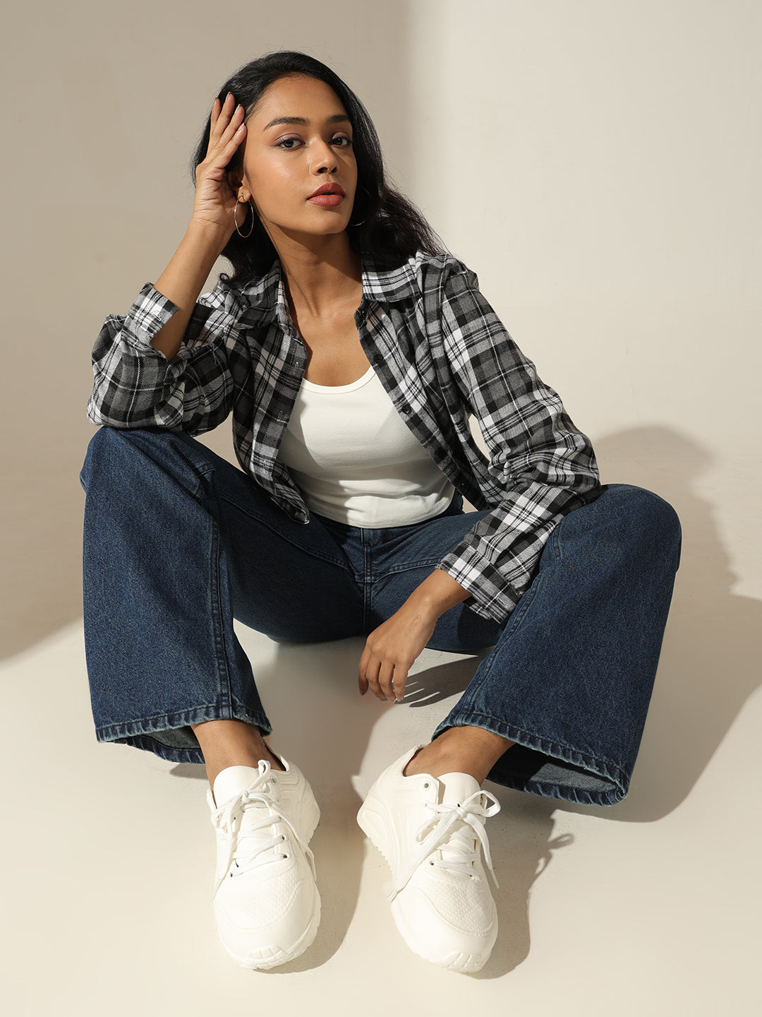 Women's Checked Black & White Relaxed Fit Casual Shirt with Inner Tank Top