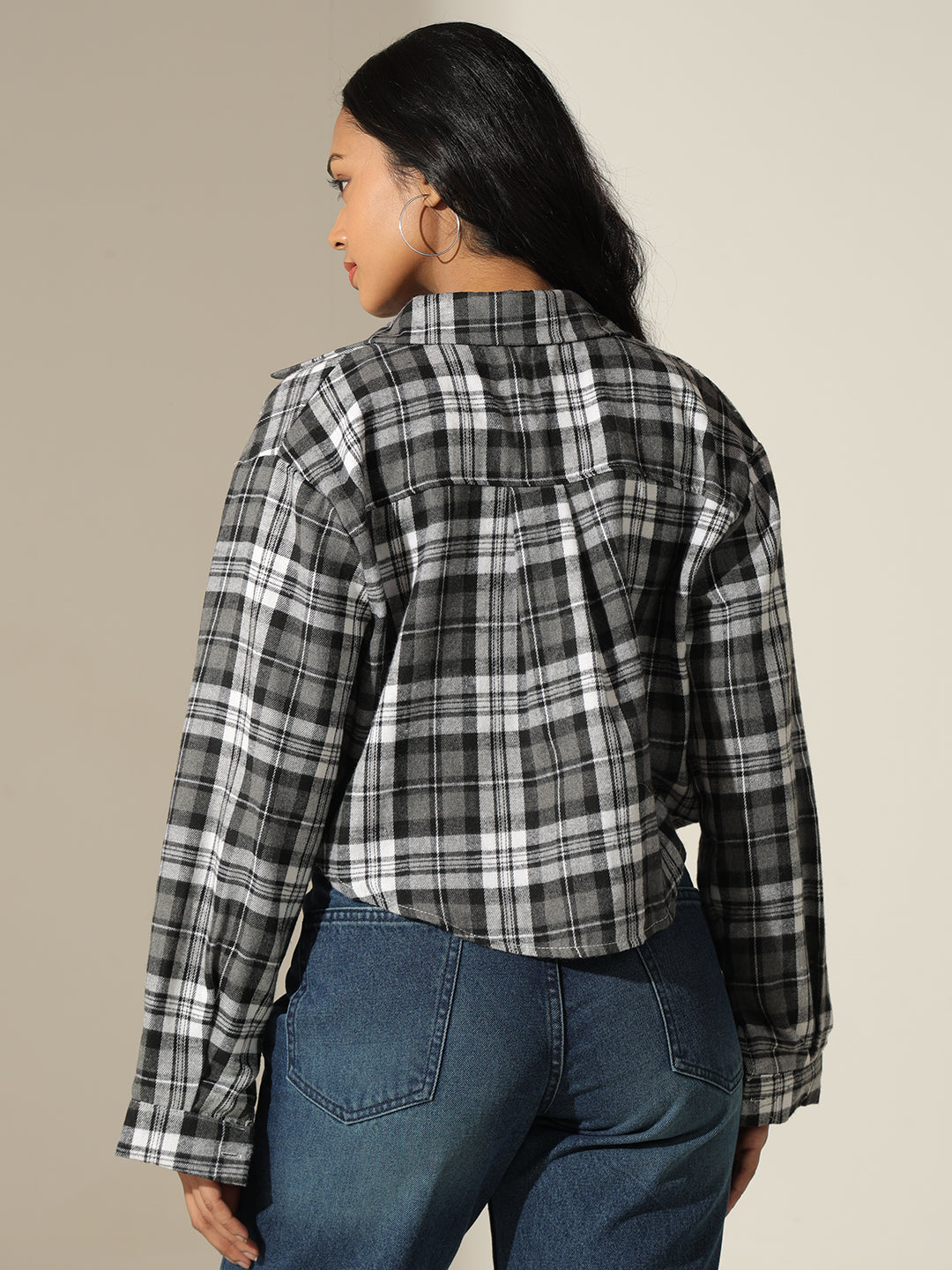 Women's Checked Black & White Relaxed Fit Casual Shirt with Inner Tank Top