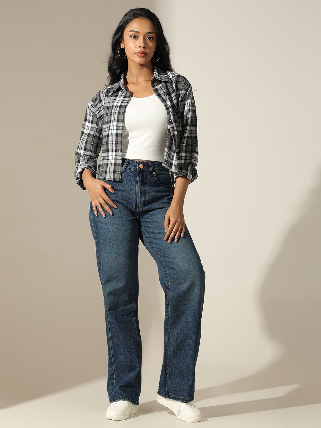 Women's Checked Black & White Relaxed Fit Casual Shirt with Inner Tank Top