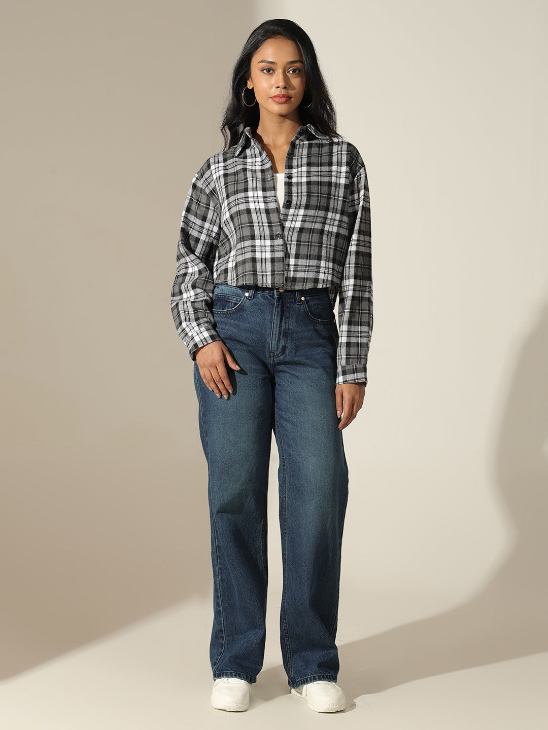 Women's Checked Black & White Relaxed Fit Casual Shirt with Inner Tank Top