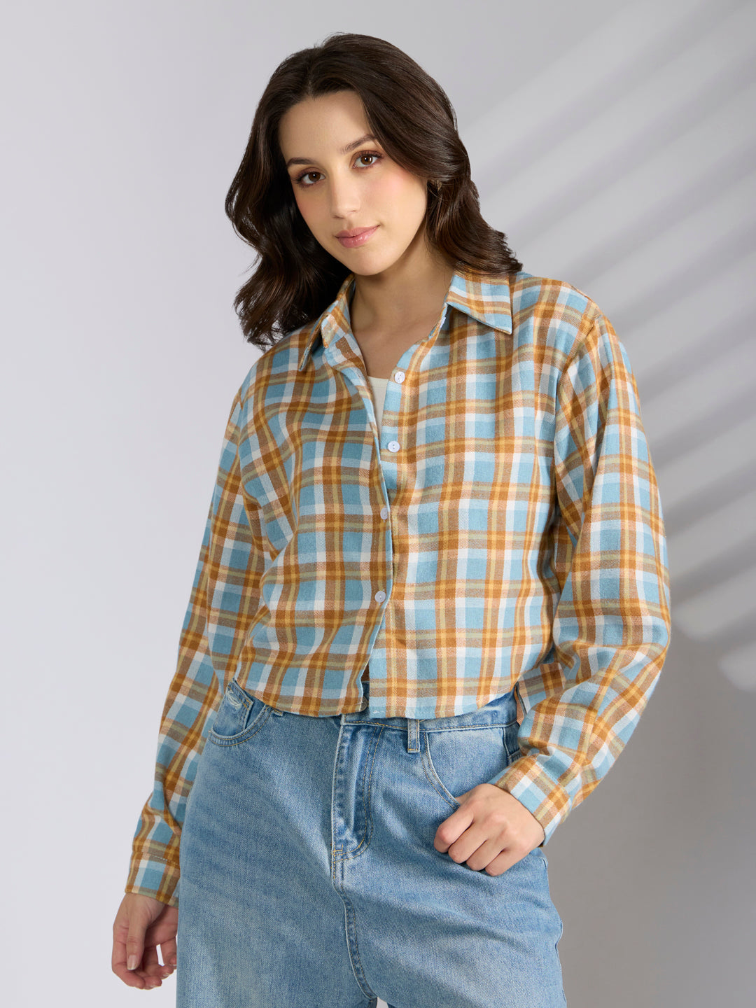 Women’s Checked Blue Cropped Flannel Relaxed Fit Shirt with Inner