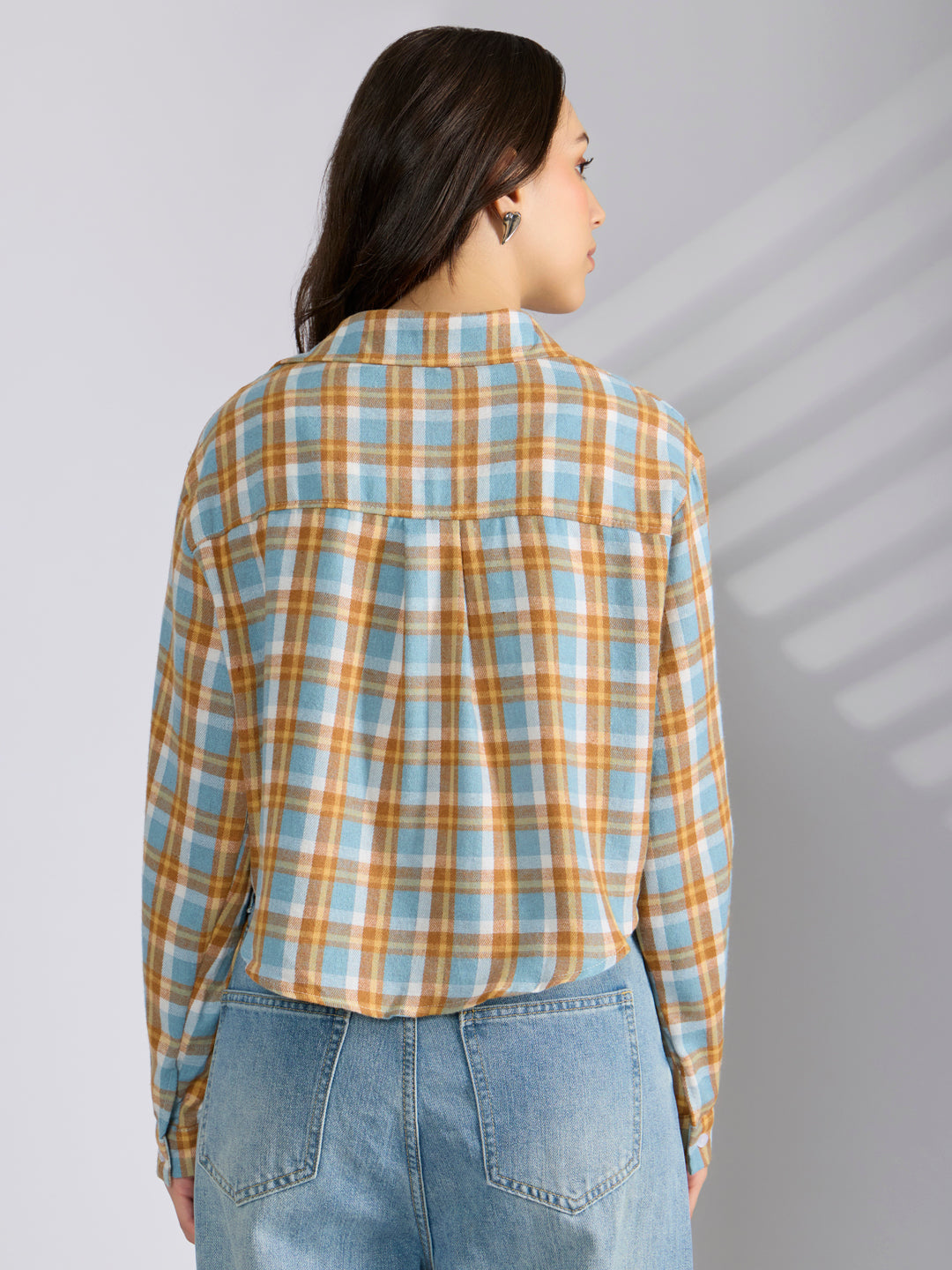 Women’s Checked Blue Cropped Flannel Relaxed Fit Shirt with Inner