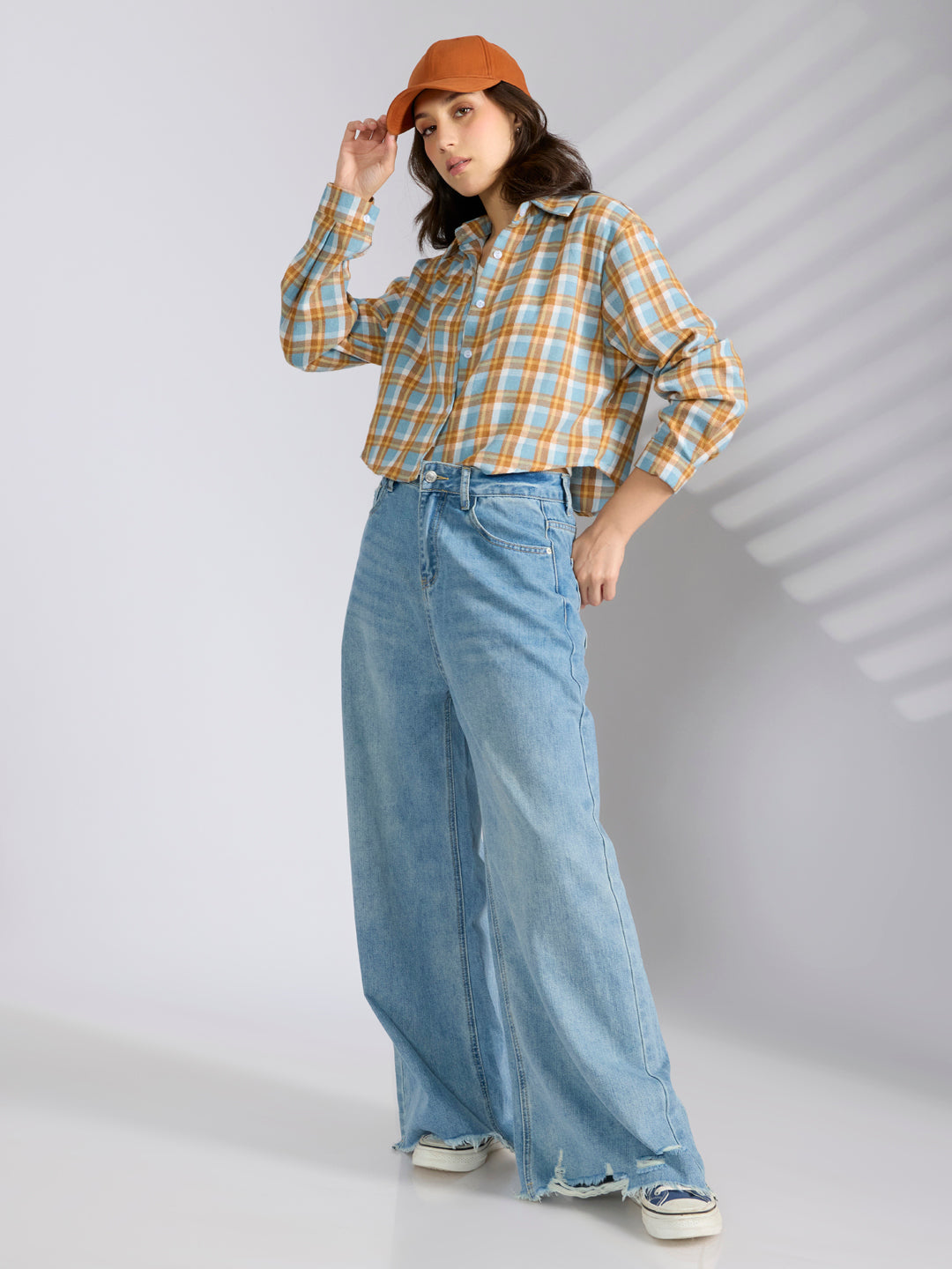 Women’s Checked Blue Cropped Flannel Relaxed Fit Shirt with Inner