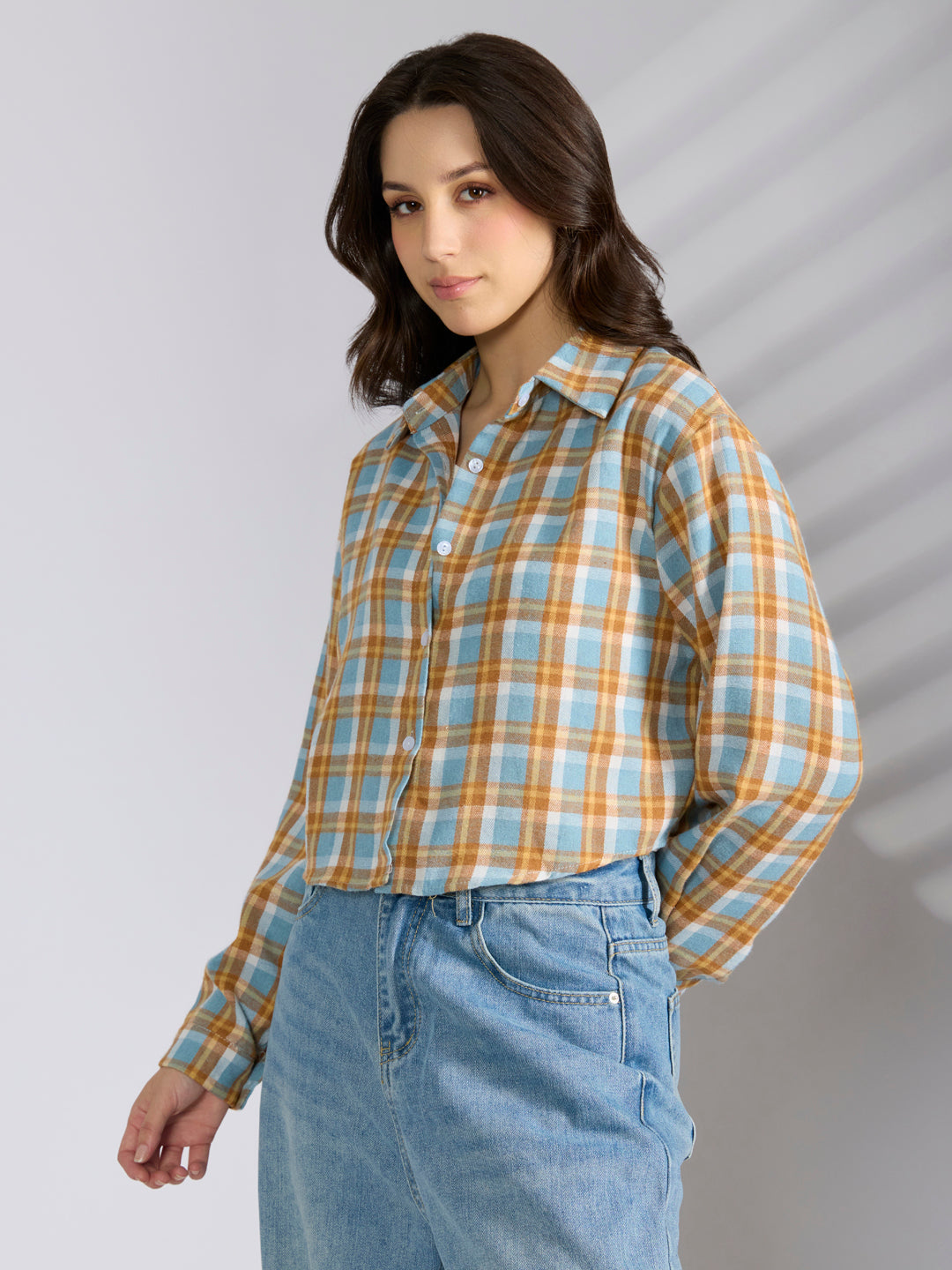 Women’s Checked Blue Cropped Flannel Relaxed Fit Shirt with Inner
