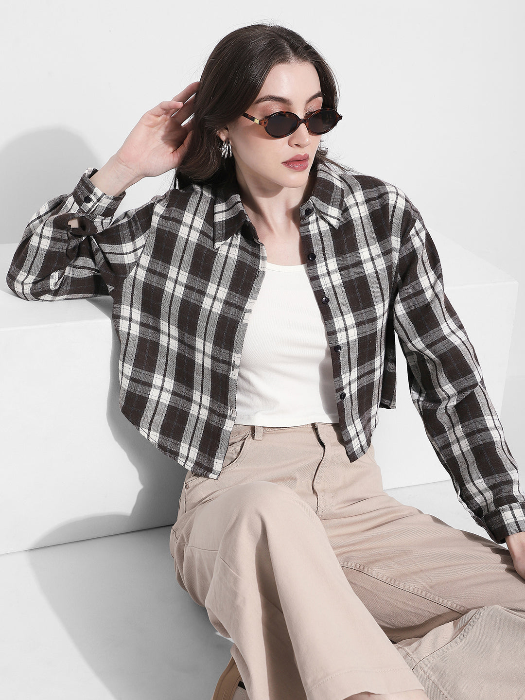 Women's Checked Brown Cropped Flannel Shirt with Inner