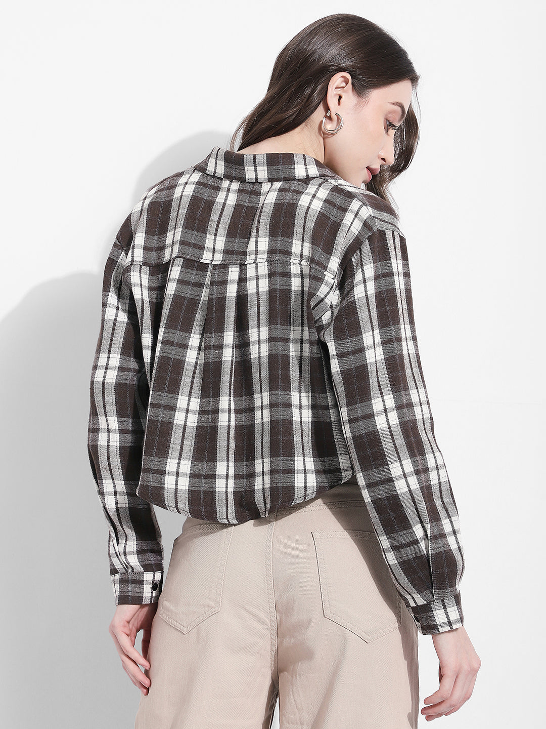 Women's Checked Brown Cropped Flannel Shirt with Inner