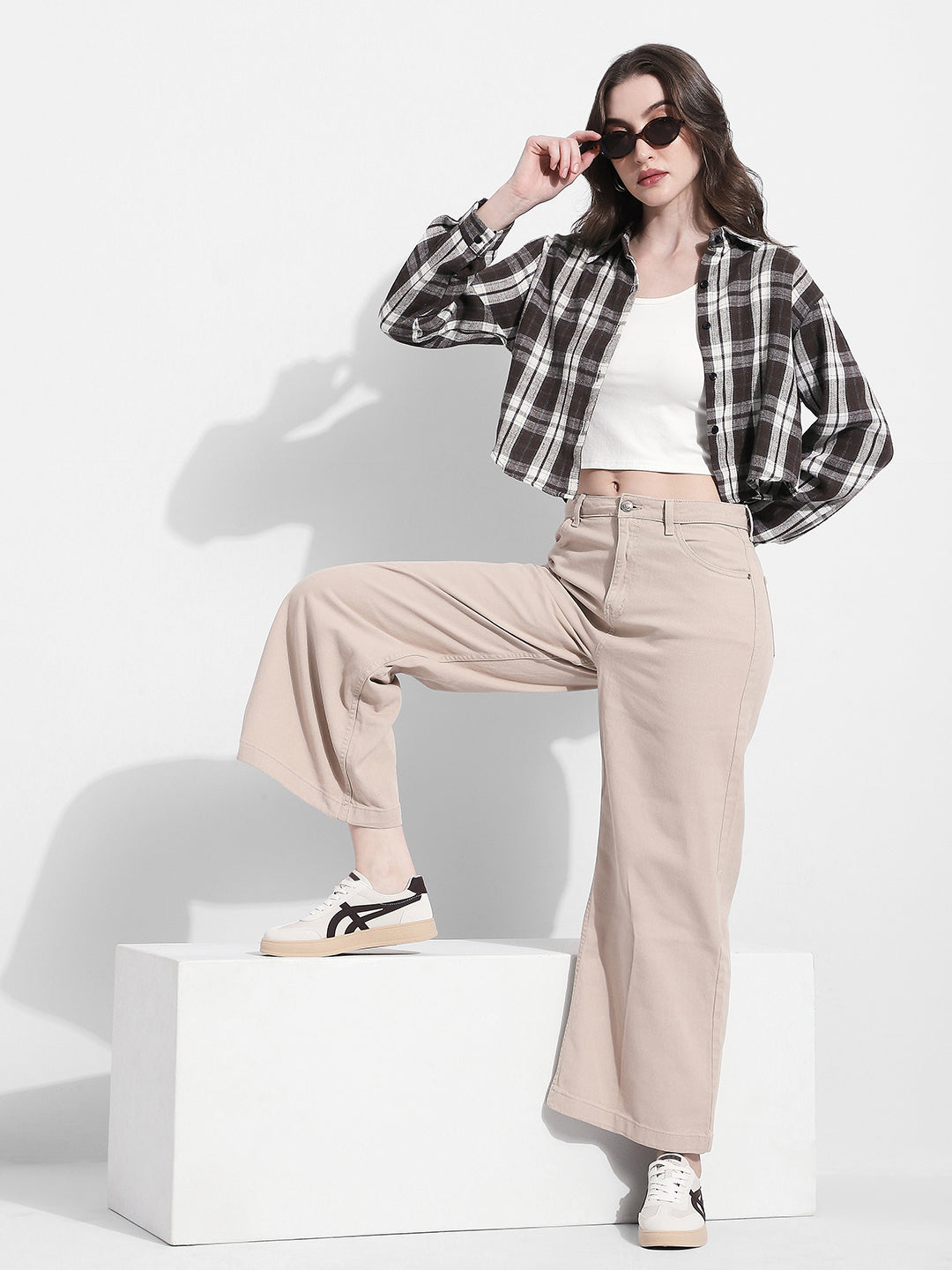 Women's Checked Brown Cropped Flannel Shirt with Inner