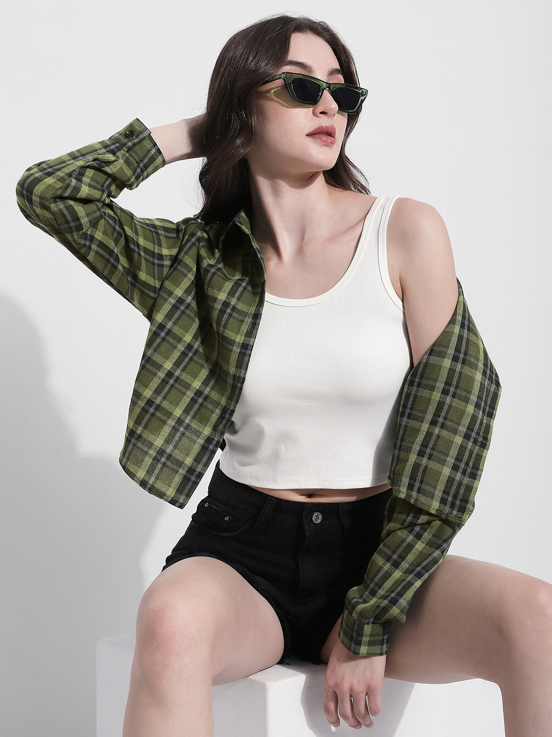 Women's Checked Green Cropped Flannel Shirt with Inner