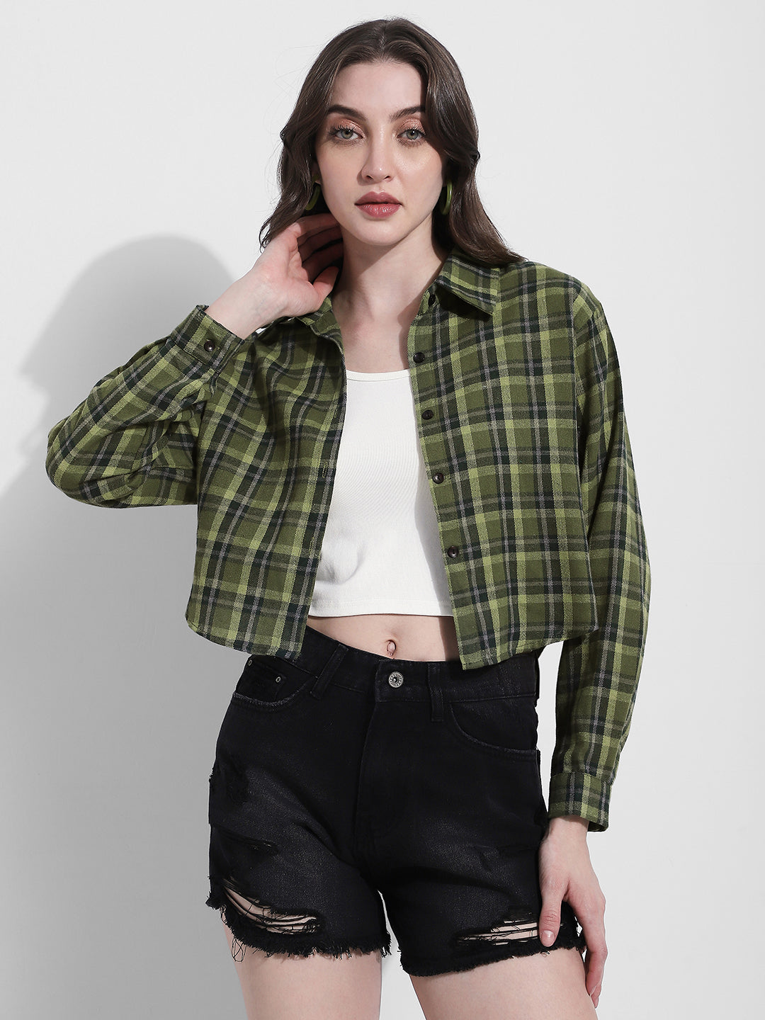 Women's Checked Green Cropped Flannel Shirt with Inner
