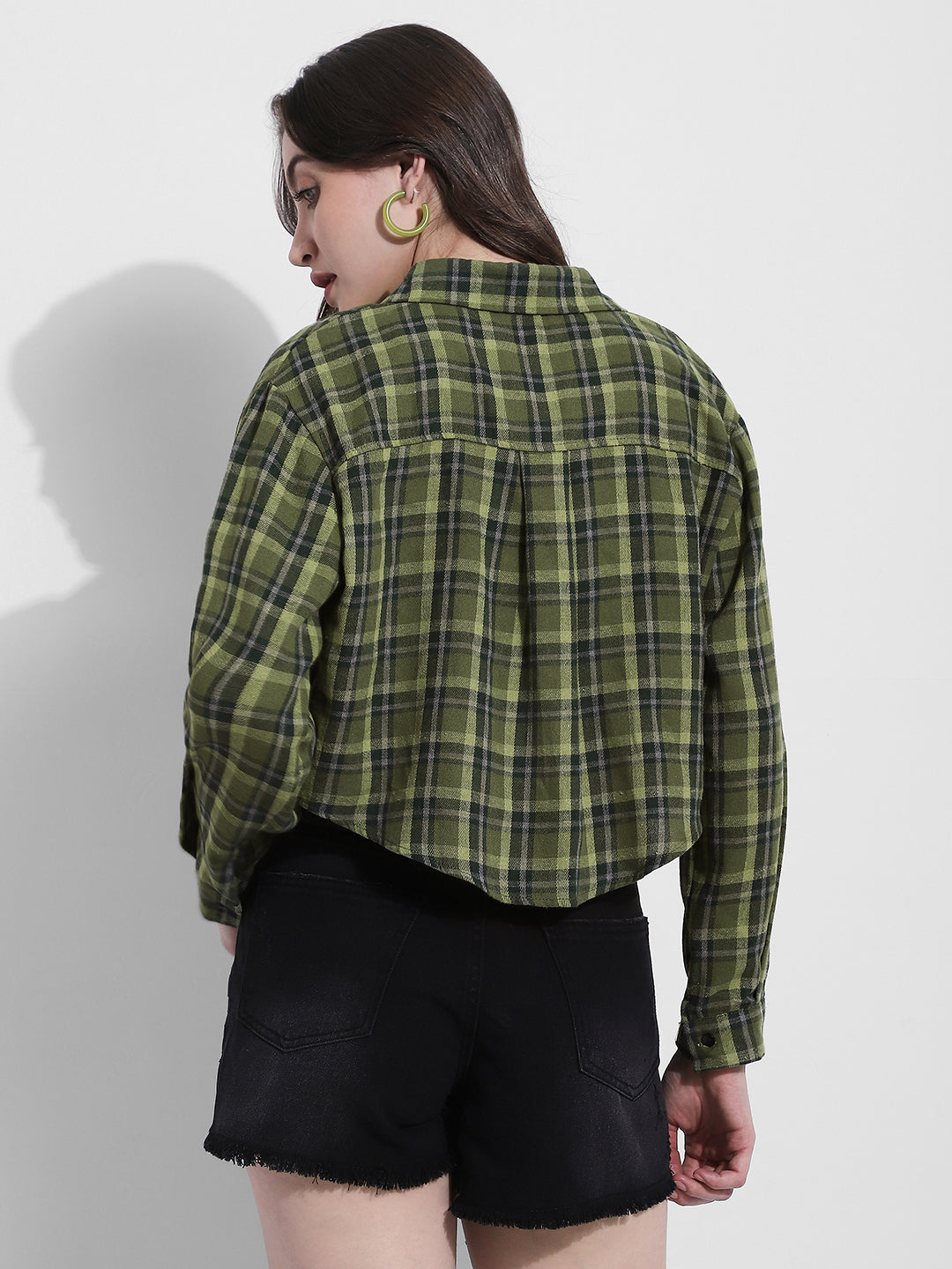 Women's Checked Green Cropped Flannel Shirt with Inner