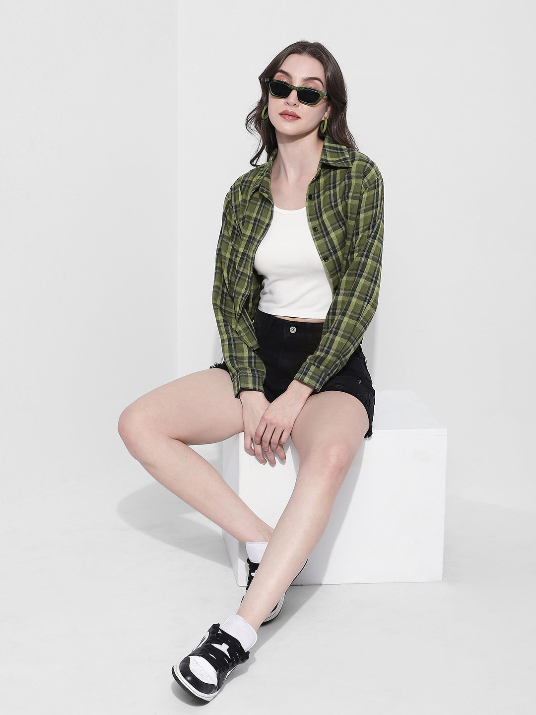 Women's Checked Green Cropped Flannel Shirt with Inner