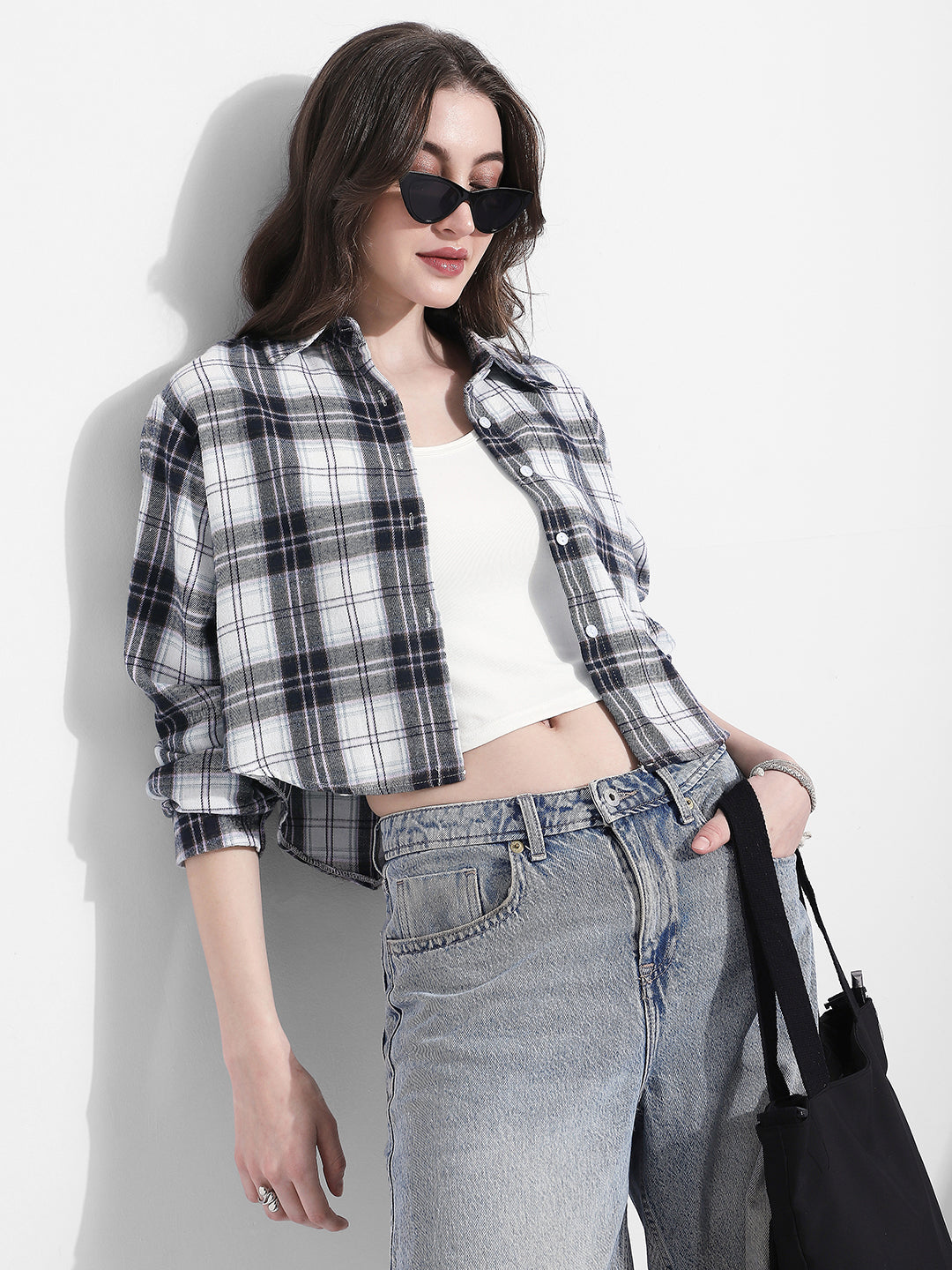 Women's Checked Grey Cropped Flannel Shirt with Inner