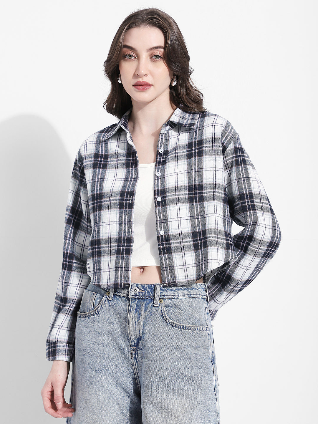 Women's Checked Grey Cropped Flannel Shirt with Inner