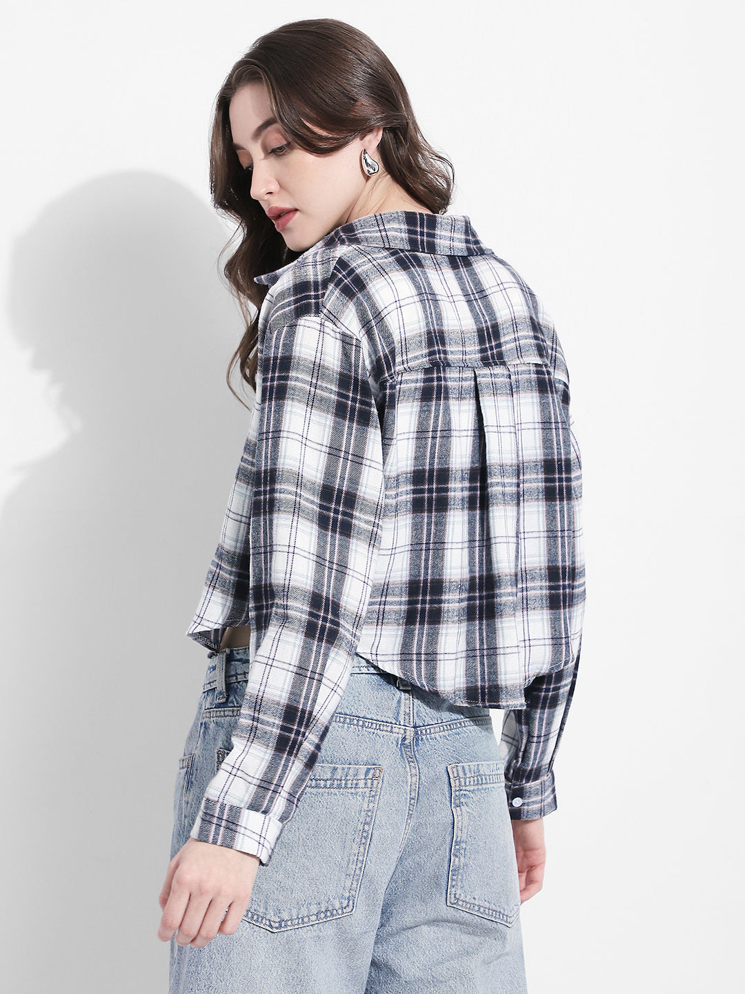 Women's Checked Grey Cropped Flannel Shirt with Inner