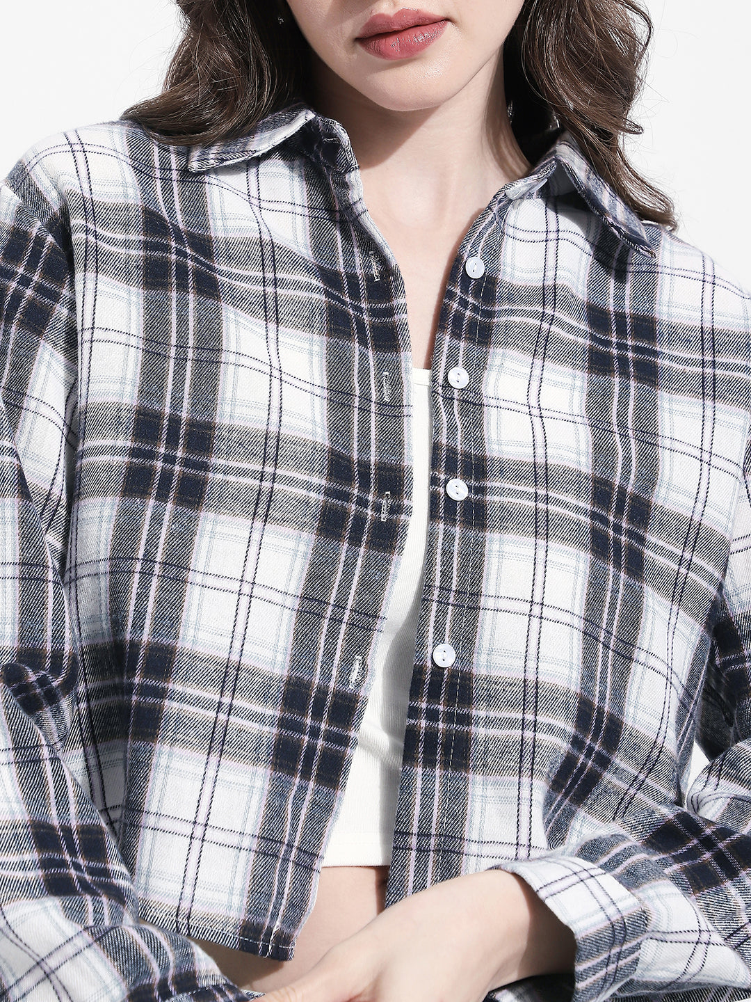 Women's Checked Grey Cropped Flannel Shirt with Inner