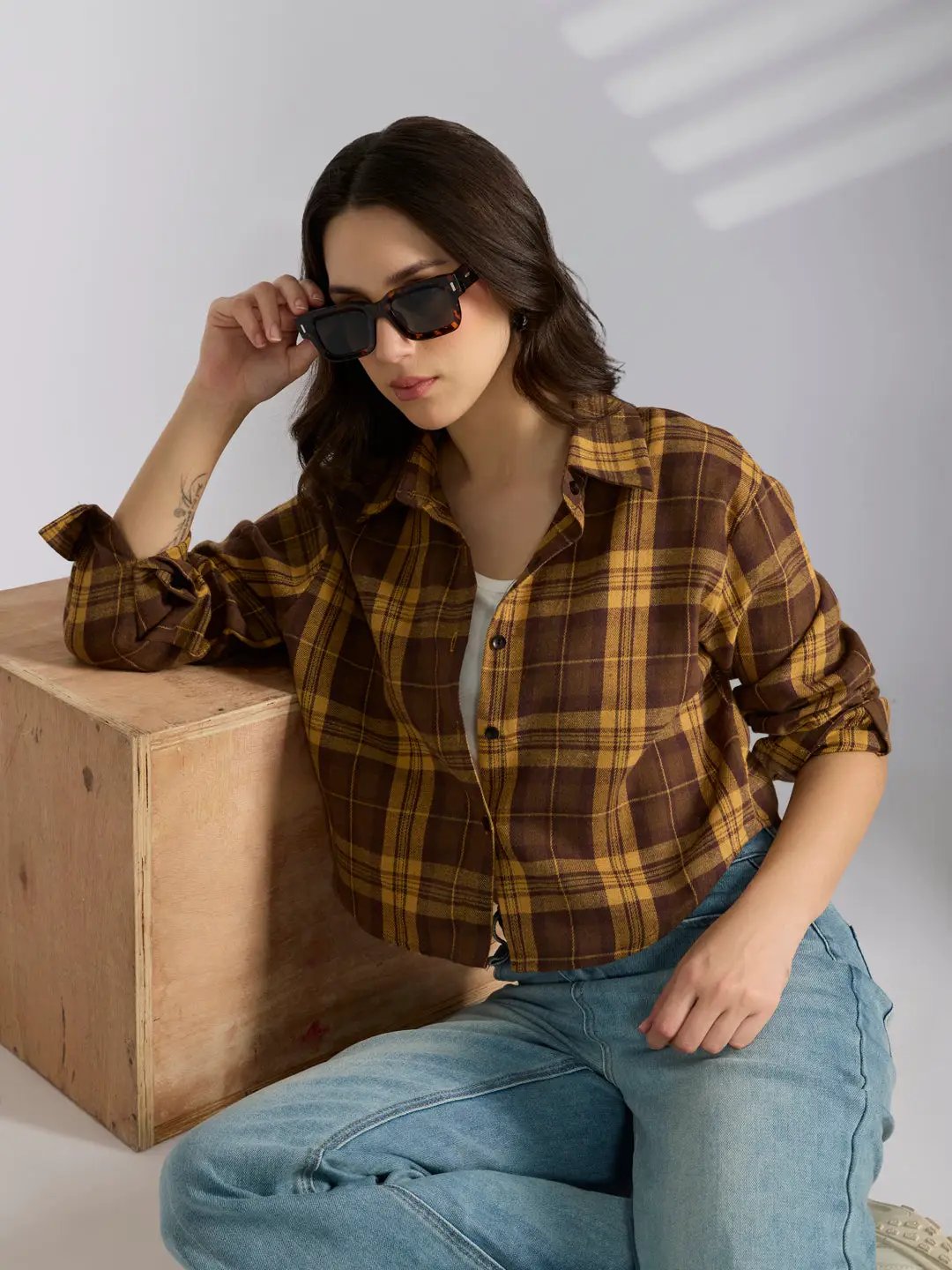 Shop Women's Checked Mustard Spread Collar Oversized Shirts