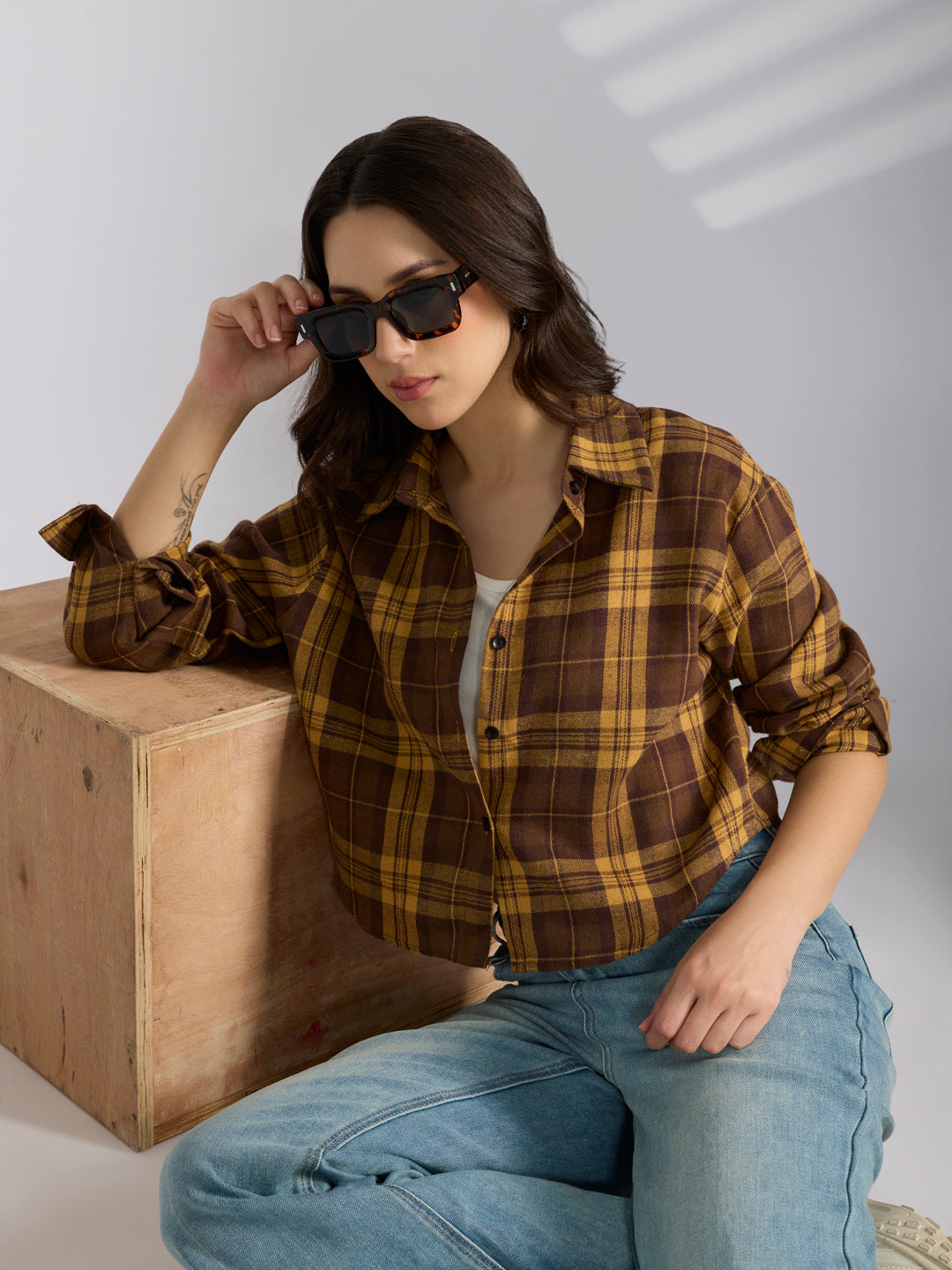 Women’s Checked Mustard Cropped Flannel Relaxed Fit Shirt with Inner