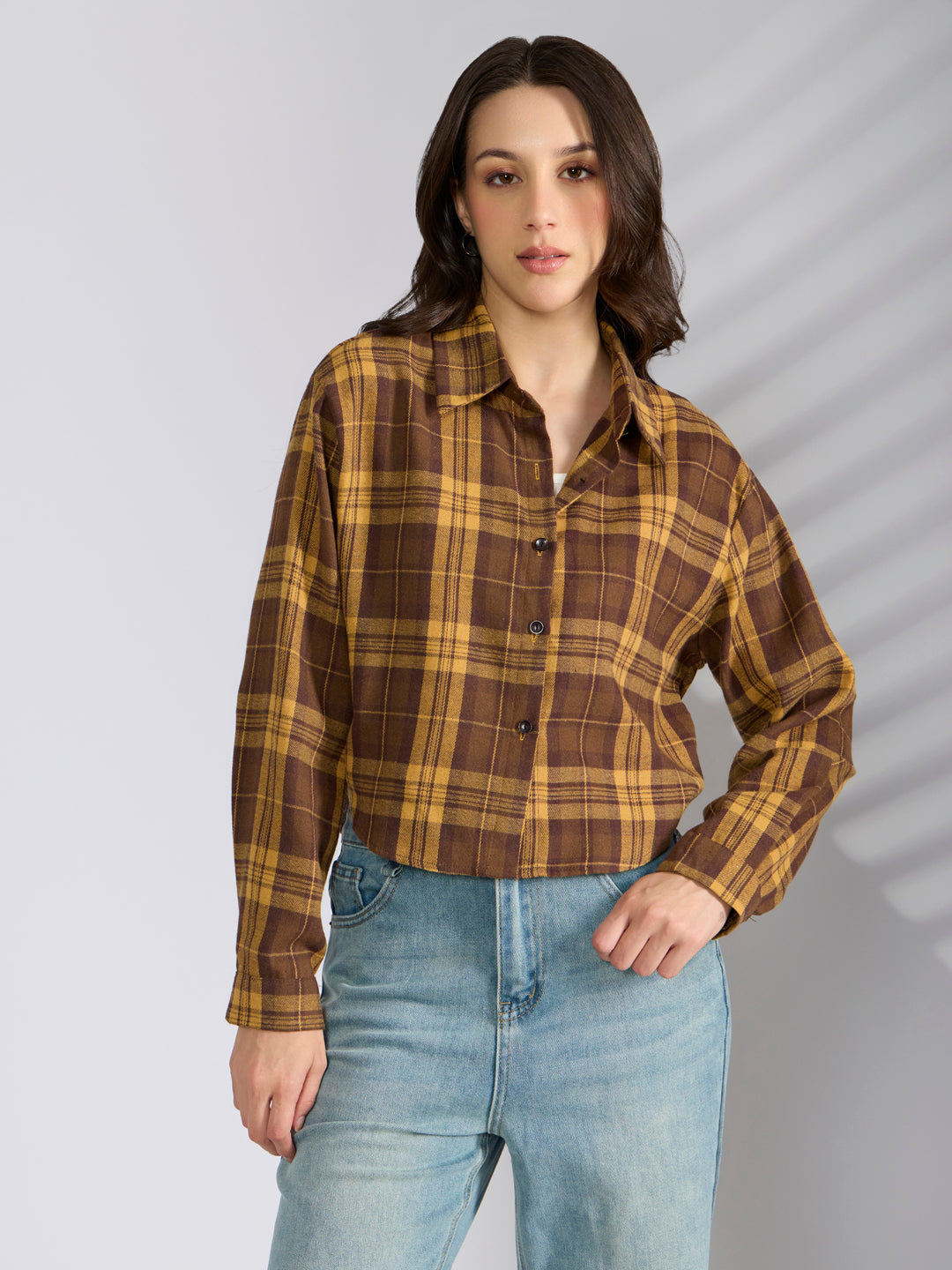 Women’s Checked Mustard Cropped Flannel Relaxed Fit Shirt with Inner