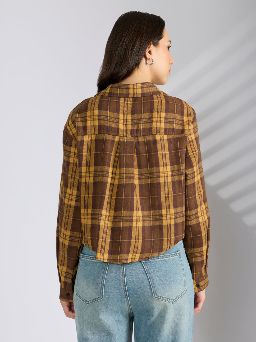 Women’s Checked Mustard Cropped Flannel Relaxed Fit Shirt with Inner