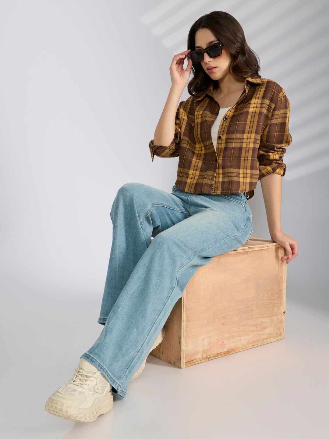 Women’s Checked Mustard Cropped Flannel Relaxed Fit Shirt with Inner