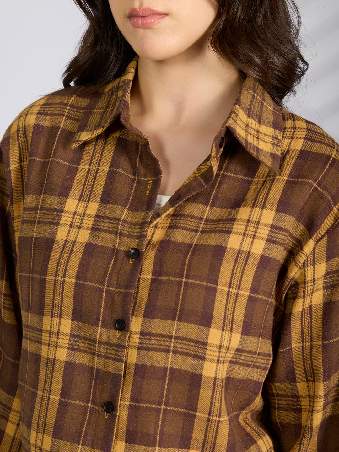 Women’s Checked Mustard Cropped Flannel Relaxed Fit Shirt with Inner