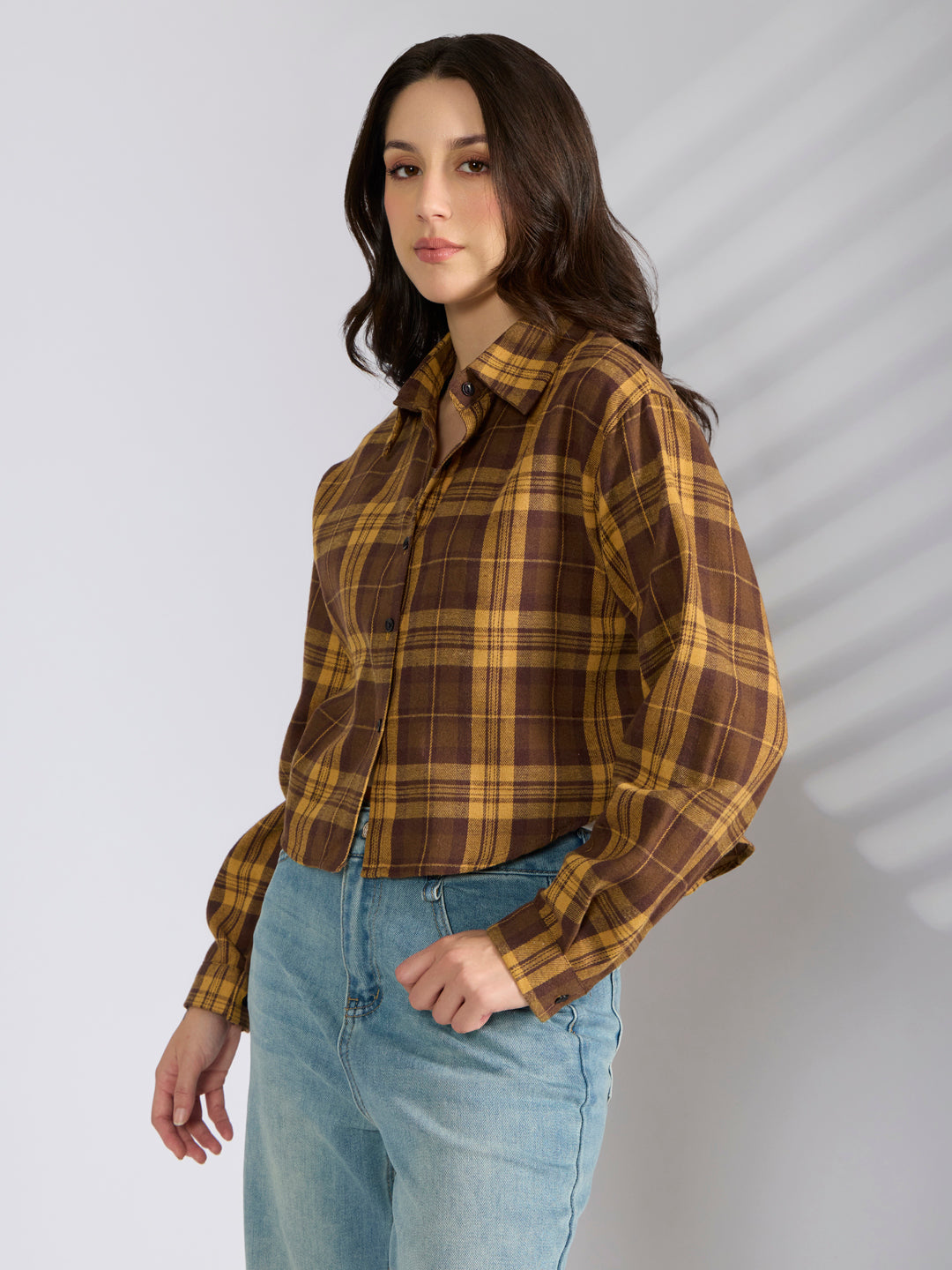 Women’s Checked Mustard Cropped Flannel Relaxed Fit Shirt with Inner