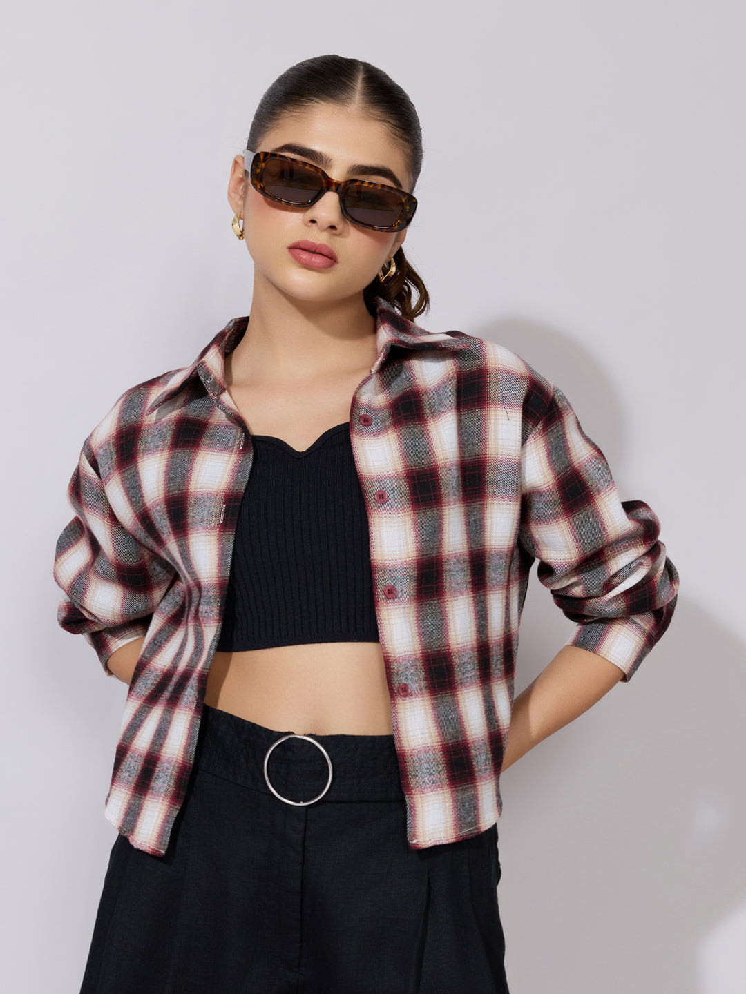 Women's Plaid Check Red Casual Button-Down Shirt