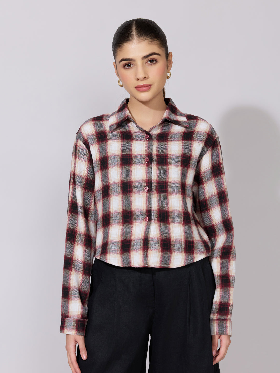 Women's Plaid Check Red Casual Button-Down Shirt