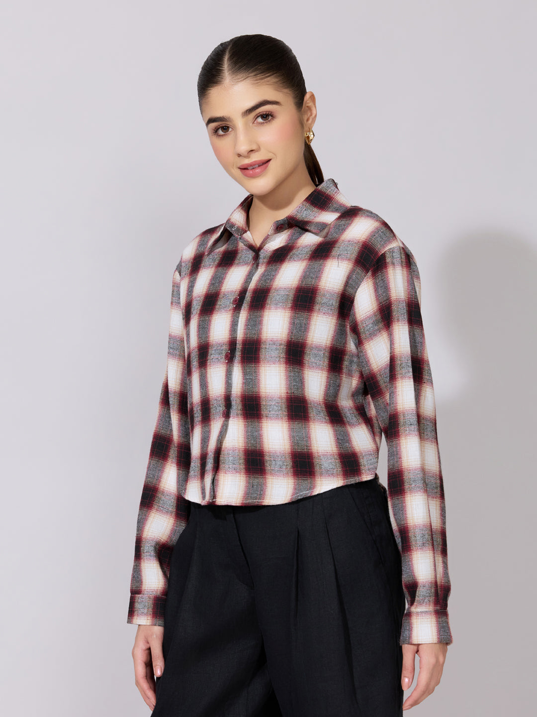 Women's Plaid Check Red Casual Button-Down Shirt