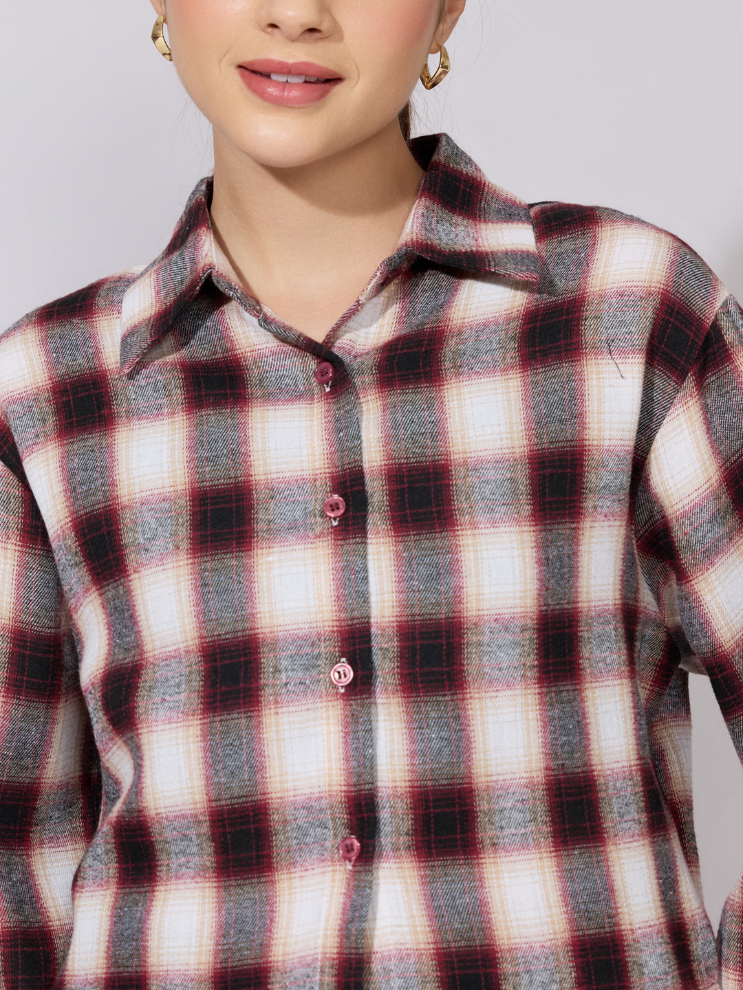 Women's Plaid Check Red Casual Button-Down Shirt