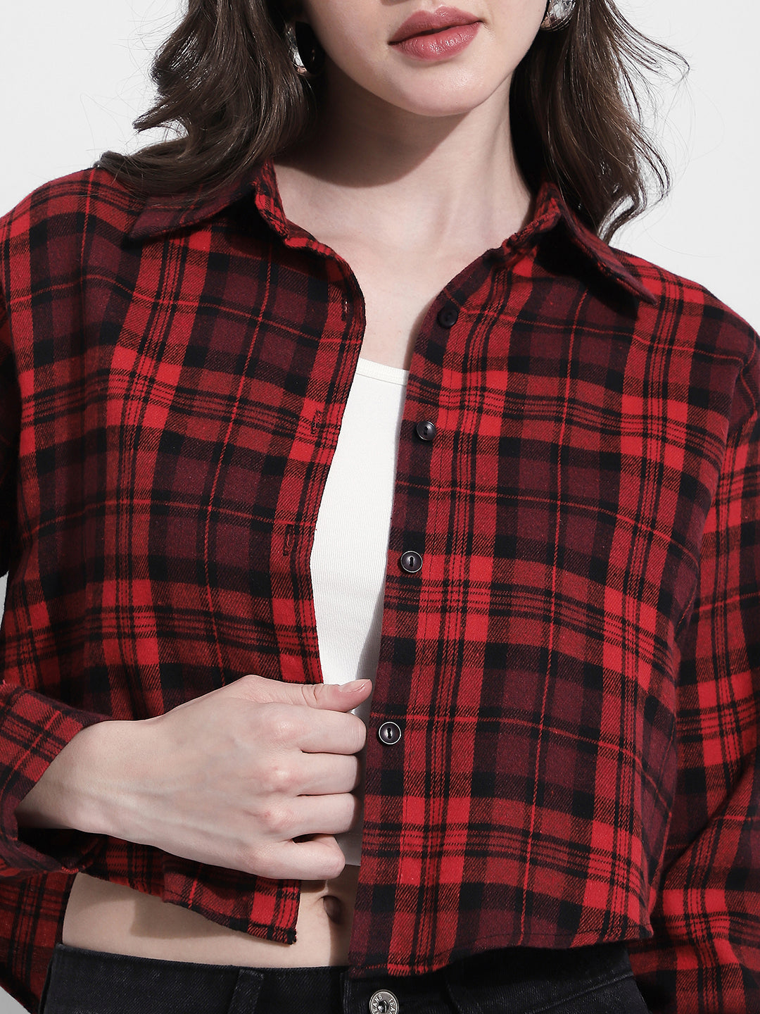 Women's Checked Red Cropped Flannel Shirt with Inner